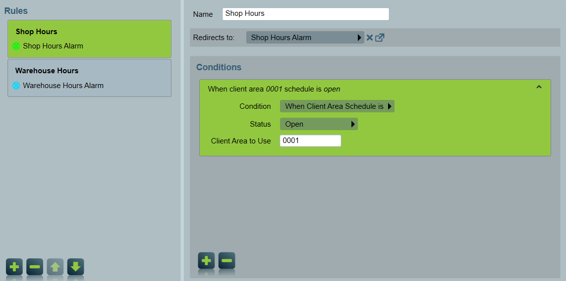 Action Plan Rules tab, configured with a Shop Hours rule and a Warehouse Hours rule