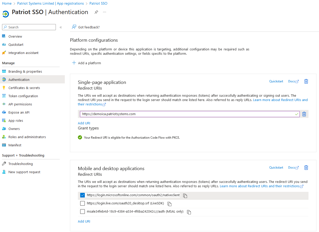 App Registration Authentication Settings