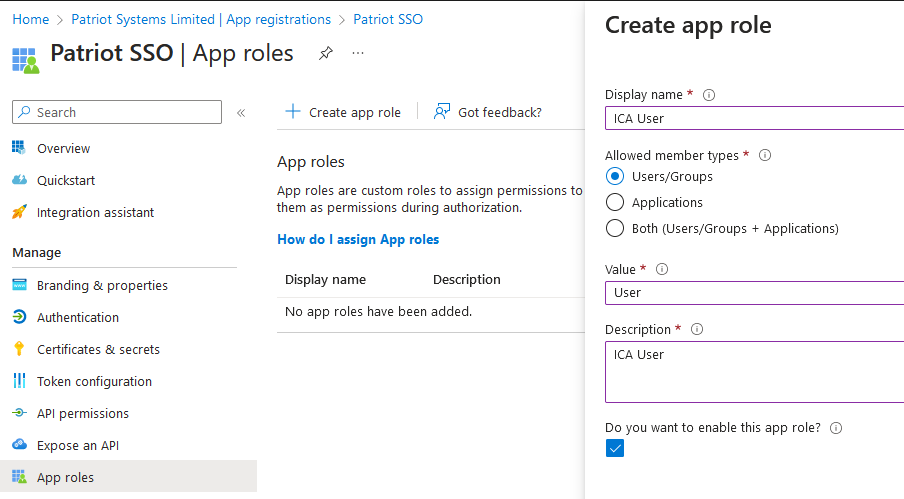 App Registration App Role Settings