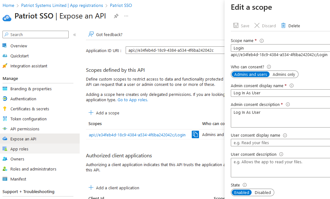 App Registration Expose An Api Settings