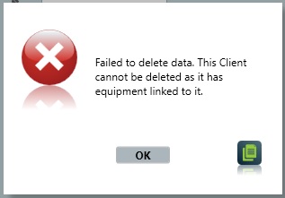 Warning received when trying to delete client with equipment linked