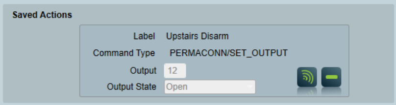 Saved action commands for a Permaconn device, with execute and delete options.
