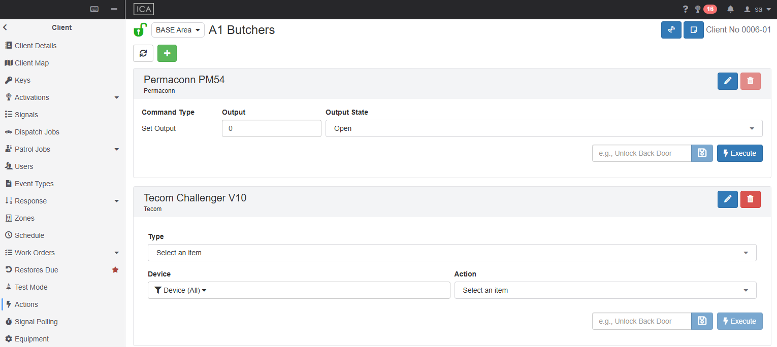 Actions Tab View with Permaconn and Tecom action devices in ICA