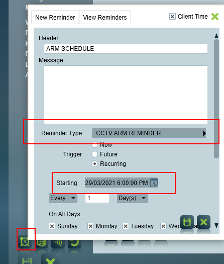 CCTV arm disarm reminder scheduling