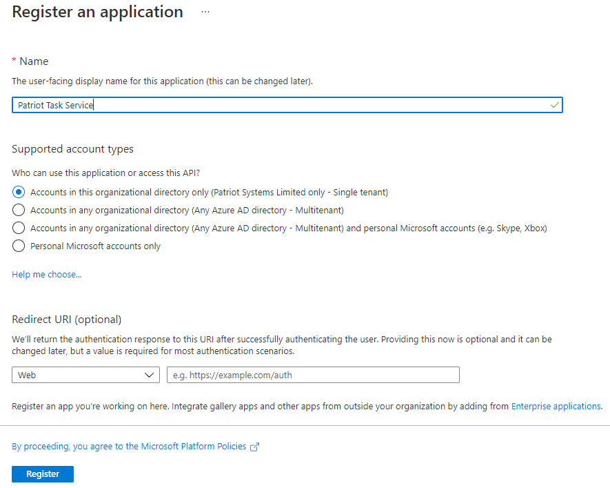 Azure Register Application