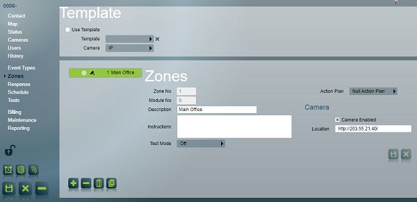 Zones Tab of Client, showing IP Camera selected and one camera zone configured.