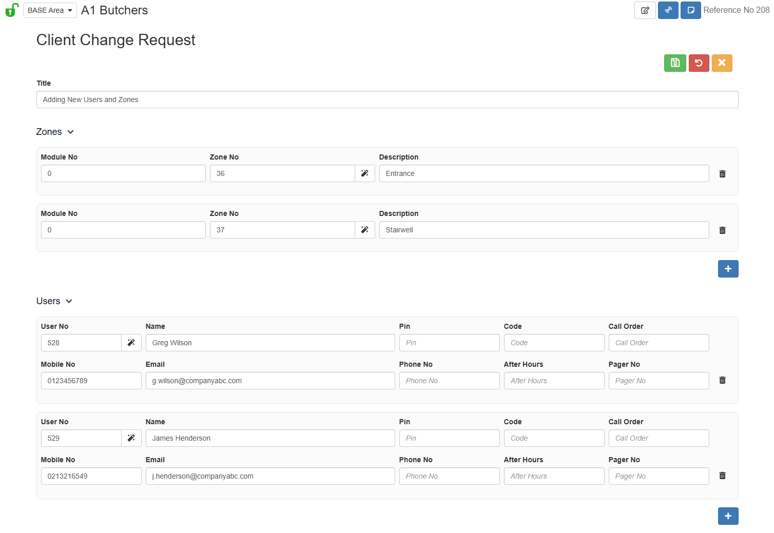A request form populated with zones and users to be added to the client