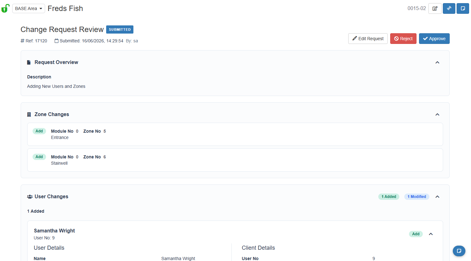 Client Change Request review page.