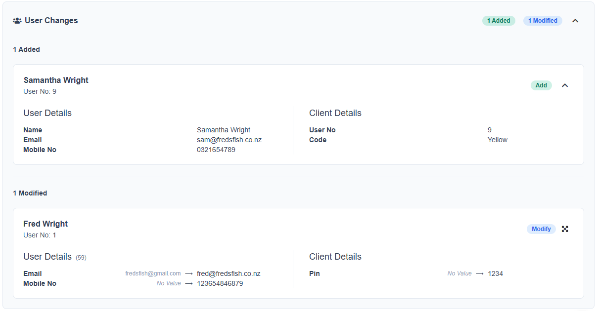 User Changes showing one additional user and one modification