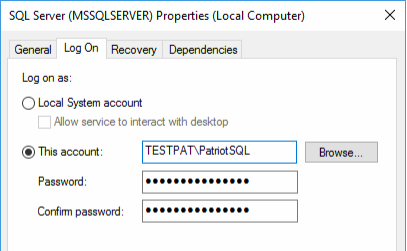 Setting a domain account on the SQL Service