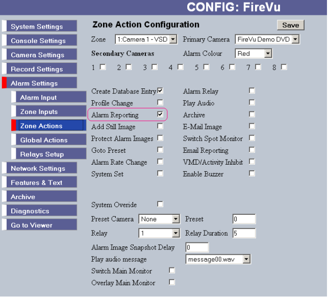 NetVu DVR Zone Configuration Page