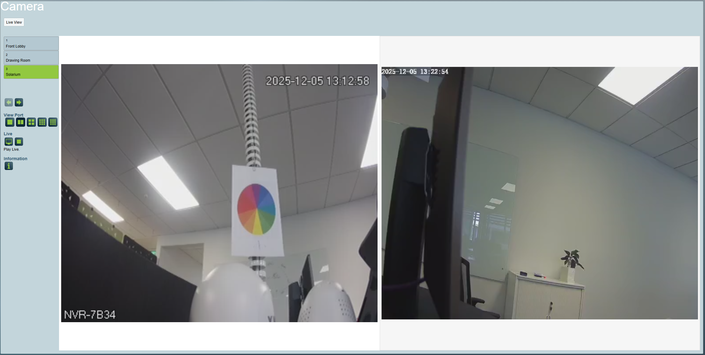 Monitoring live Hik-Partner Pro camera feeds in dual view from the Cameras tab of a client file.