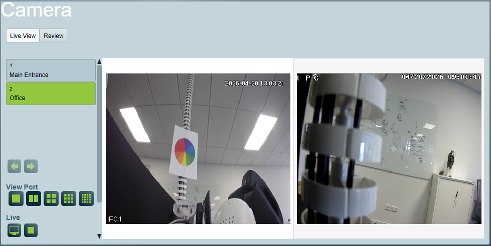 Monitoring live Dahua DoLynk camera feeds in dual view from the Cameras tab of a client file.