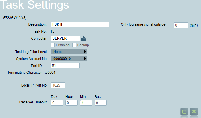 FSK IP Receiver Task Settings panel.