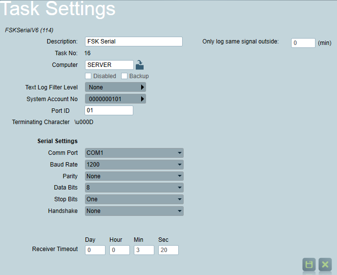 FSK Serial Receiver Task Settings panel.