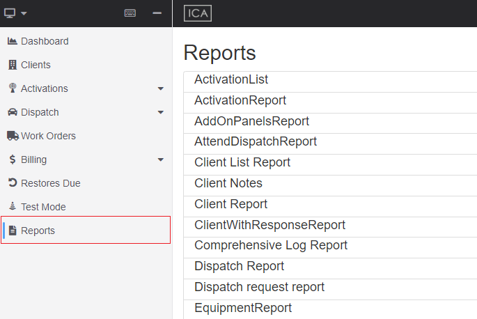 ICA Reports Main Menu