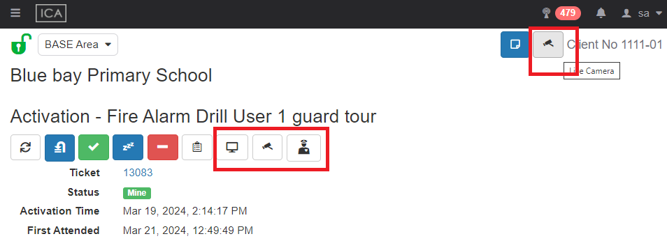 Patriot Desktop Client Linking for client, event view and guard tour. The live camera link button is on the top right of the client page.