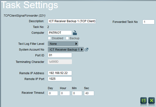 ICT (Armor IP) Backup Receiver signal forwarding task settings