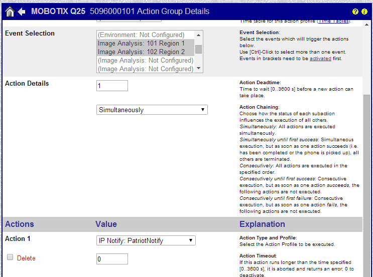 Add events to your Action Group and specify the IP Notify protocol that you created for Patriot.