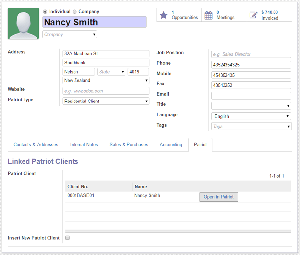 Odoo customers are kept in sync. with linked Patriot client(s)
