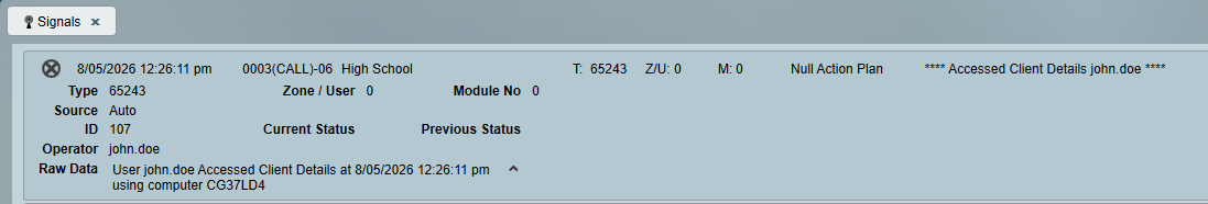 Signal View showing Operator Client Access Audit Log