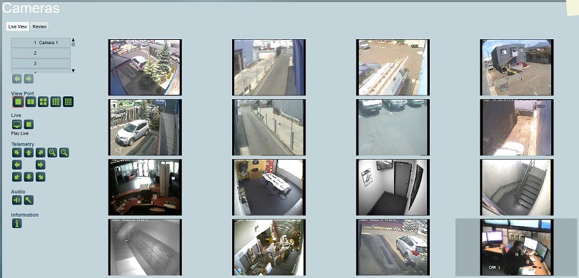 Monitoring live IDIS camera feeds in sixteen view from the Cameras tab of a client file.