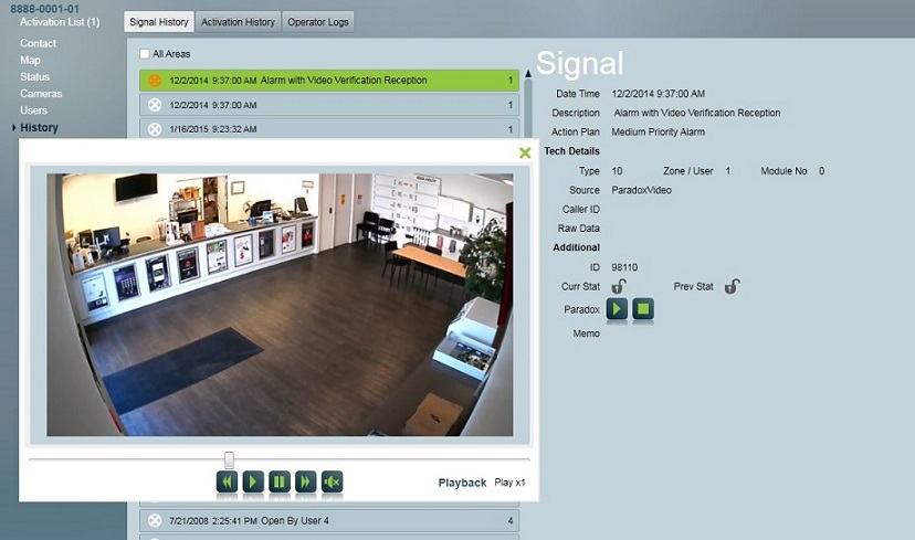 On demand playback of recorded video alarm verification.