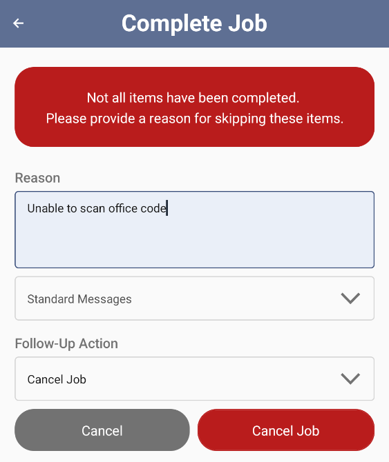 Example Warning for cancelling a job with missing item on Checklist