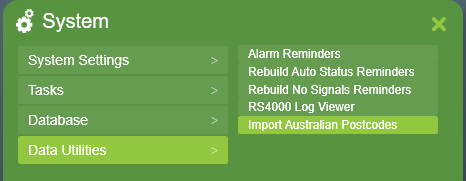 Menu item for importing postcodes