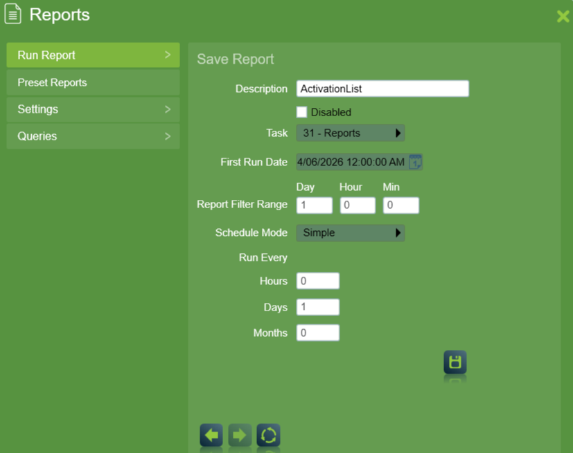 Scheduled Preset Report Settings run by a task