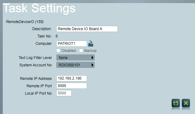 Remote Device I/O Task Settings Panel.