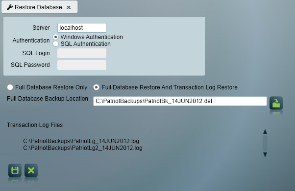 Restore Database Settings Screen