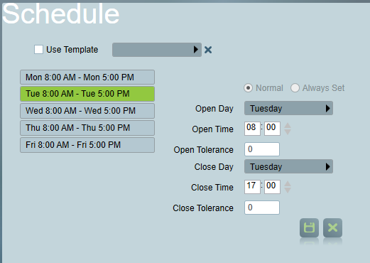Entering an Open/Close time schedule.