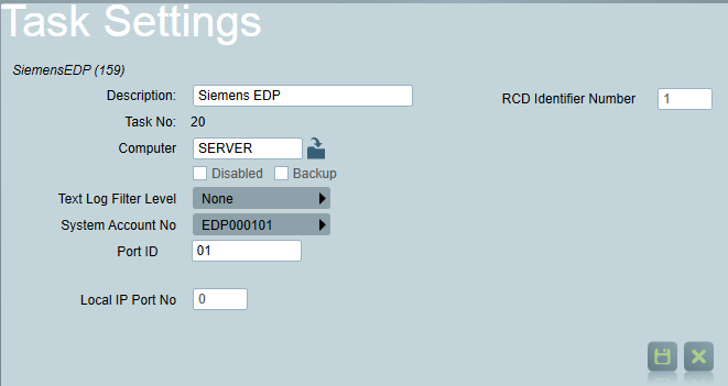 Siemens EDP Task Settings page.