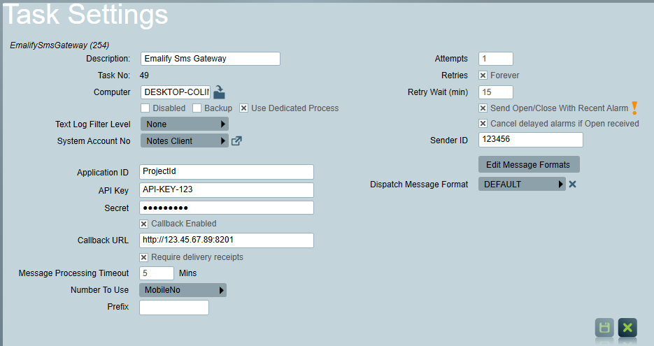 Emalify SMS Gateway task settings form.