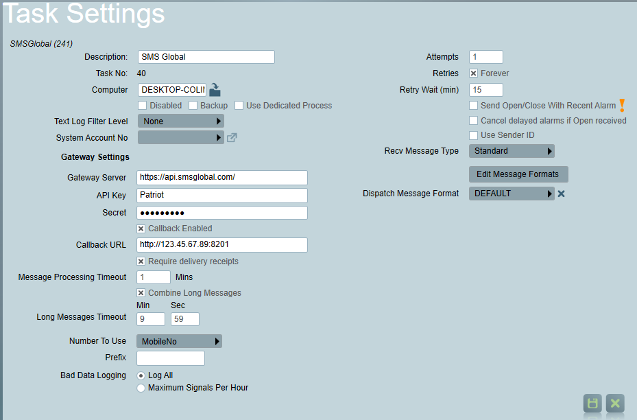 SMS Global task settings form.