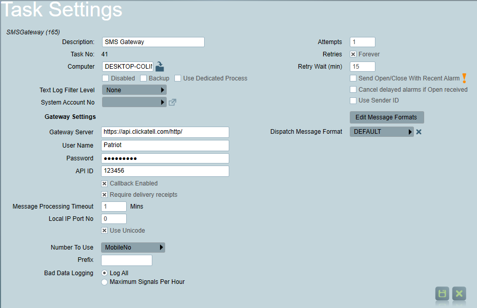 SMS Gateway task settings form.