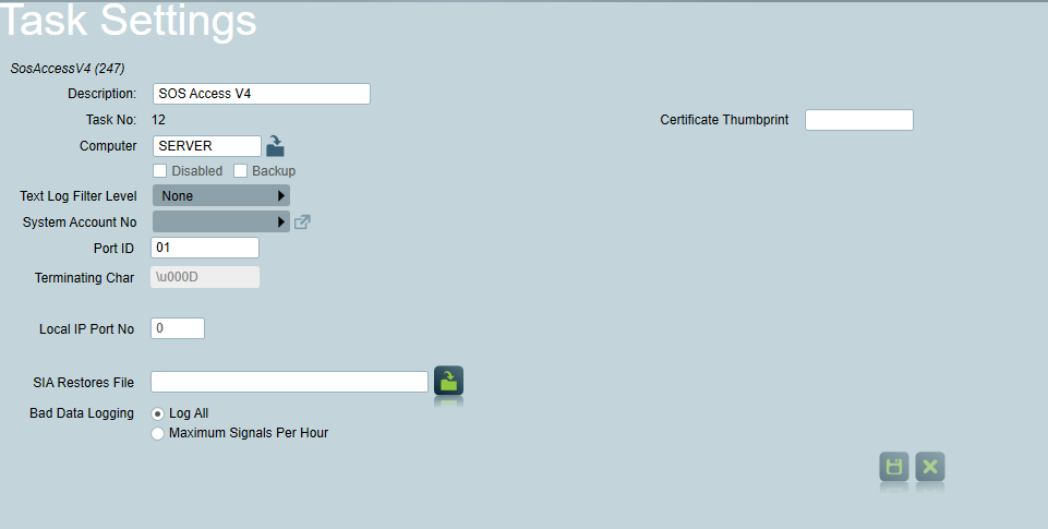 Sos Access task settings