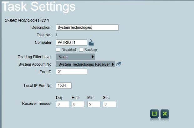 System Technologies Receiver task settings form