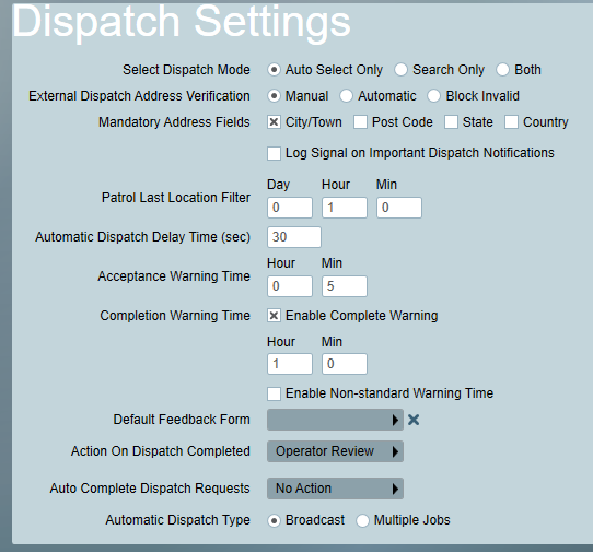 Dispatch Settings