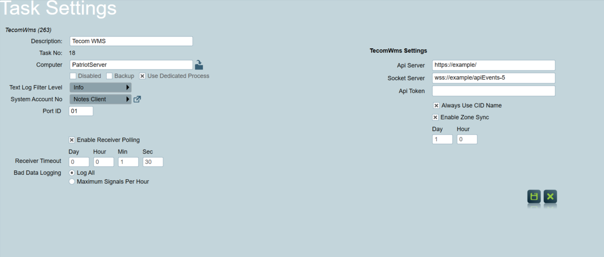 Tecom WMS task Settings