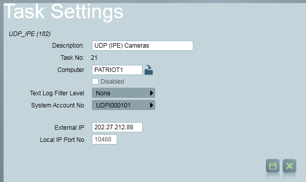 UDP IPE receiver task settings.