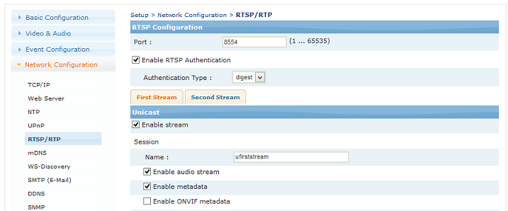 RTSP server and Unicast stream must be enabled.