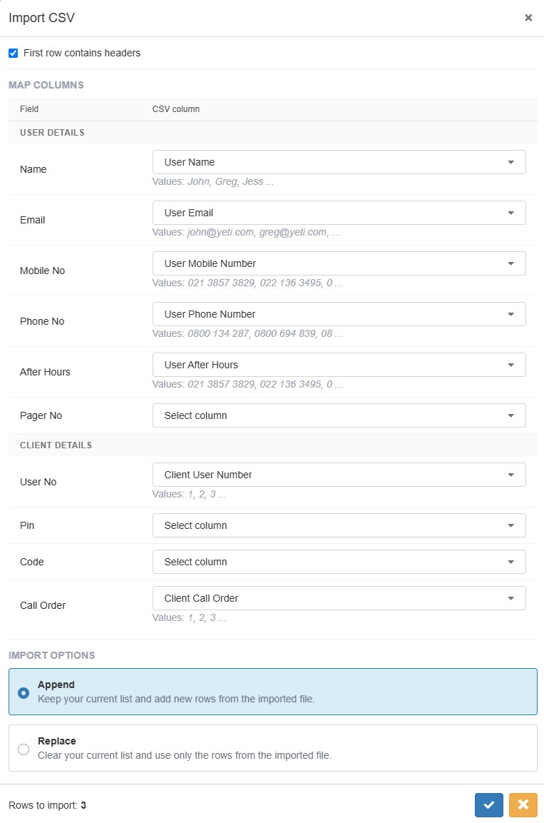 CSV column mapping screen