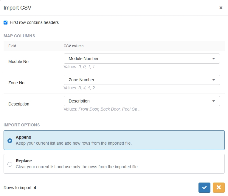 CSV column mapping screen